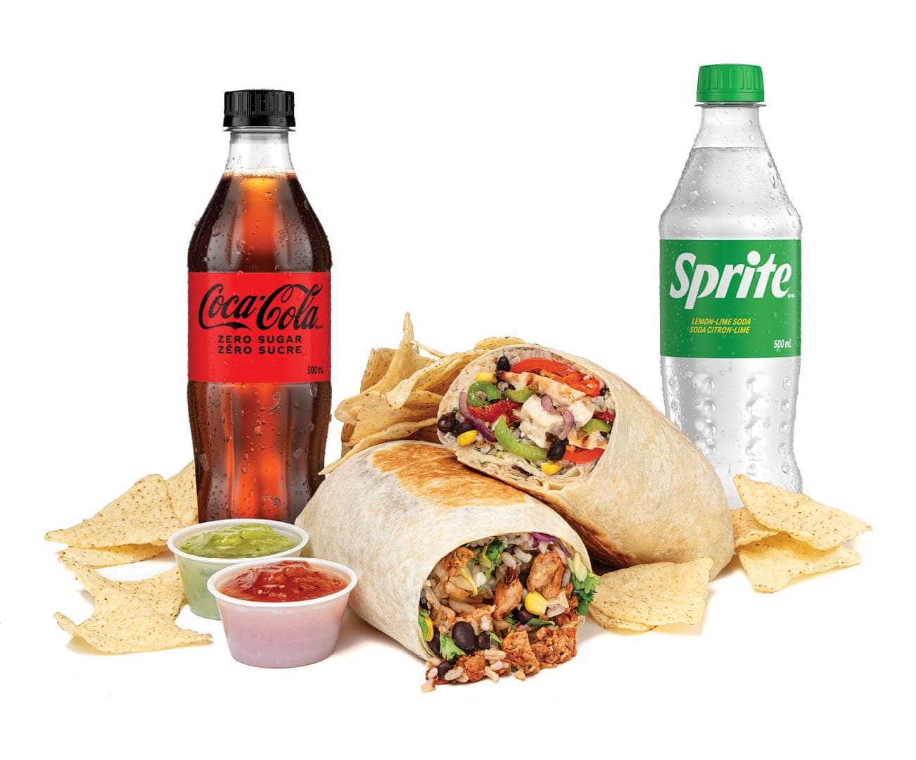 Burritos, Coca-Cola and Sprite bottles, chips and salsa