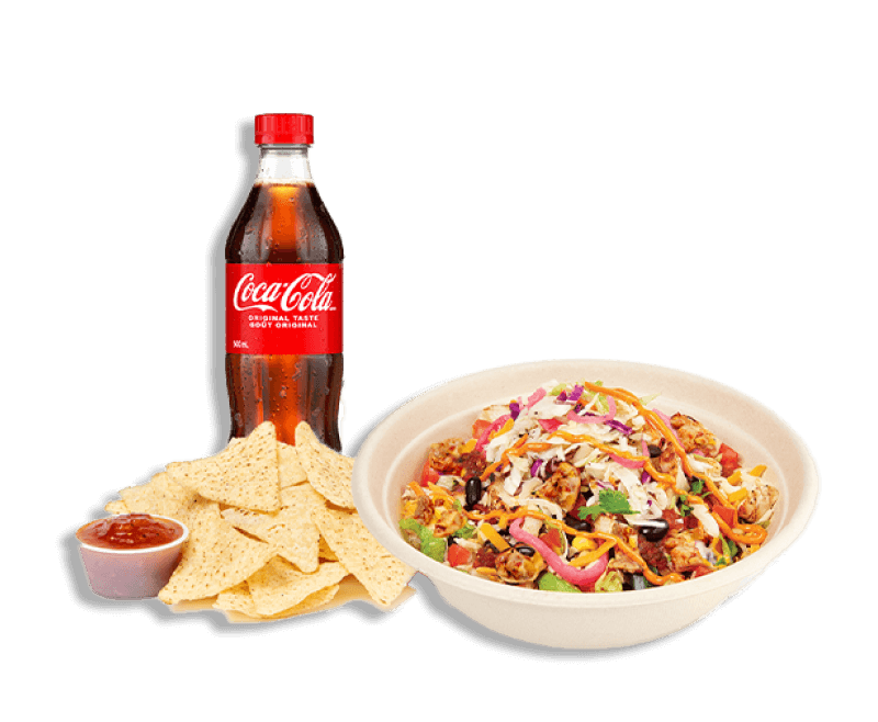 Burrito bowl combo with Coca-cola, chips and salsa