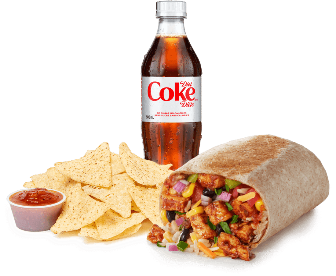 Combo avec coke diète, burritos, chips et salsa